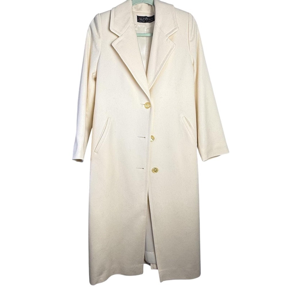Vintage 80s/90s Alorna 100% Wool Overcoat Long Coat Ivory White‎ MEDIUM/LARGE P